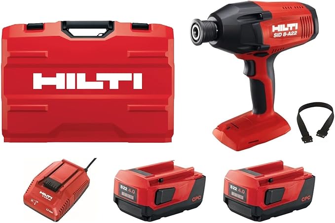 Hilti SID 8-A22 Cordless Impact Driver, 7/16" Hexagonal Chuck for Heavy-Duty Work, Combo (1x Charger, 2X Batteries, 1x Tool case, 1x Retaining Strap)