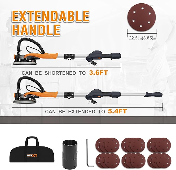 MAXXT Drywall Sander with Vacuum Dust Collection, Popcorn Ceiling Removal Tool, 6 Variable Speed Foldable Telescopic Electric Wall Sander, 600-1900RPM Power Sander Tool, LED Light, 18Pcs Sanding Discs