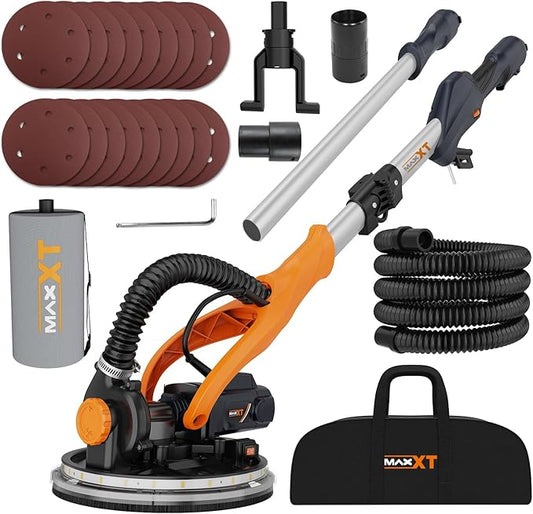 MAXXT Drywall Sander with Vacuum Dust Collection, Popcorn Ceiling Removal Tool, 6 Variable Speed Foldable Telescopic Electric Wall Sander, 600-1900RPM Power Sander Tool, LED Light, 18Pcs Sanding Discs